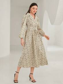 Modelyn 滿版印花燈籠袖洋裝 - 杏色 - 查看 7