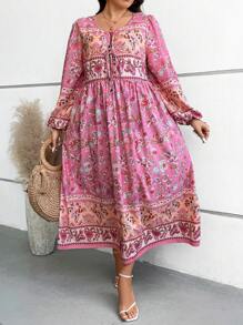 SHEIN Holidaya 大碼印花燈籠袖前打結洋裝 - 粉色 - 查看 5