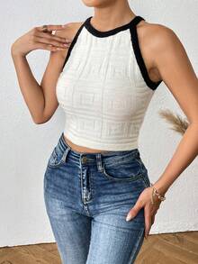 SHEIN Essnce Tương phản ràng buộc Mùa vụ Dây Knit ngọn - Màu be - Xem 6