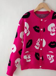 Teen Girl Skull Pattern Dual Pocket Drop Shoulder Cardigan - Red - View 3
