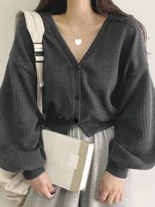 DAZY 纯色落肩罗纹针织纽扣前T恤长袖女式上衣短款女式上衣 - 深灰色 - 查看 4