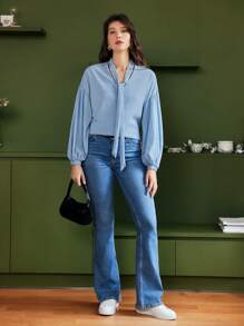 SHEIN Frenchy Cà vạt Thả vai Tay áo lồng đèn Áo - Màu xanh nhạt - Xem 6