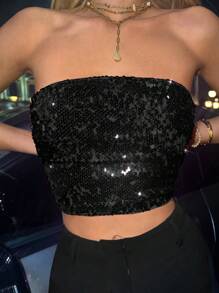 SHEIN ICON Sequin Decor Crop Tube Top - Black - View 5