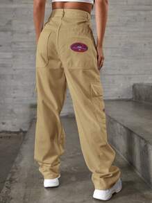 RueChic Letter Patched Flap Pocket Cargo Jeans - Brown - View 2