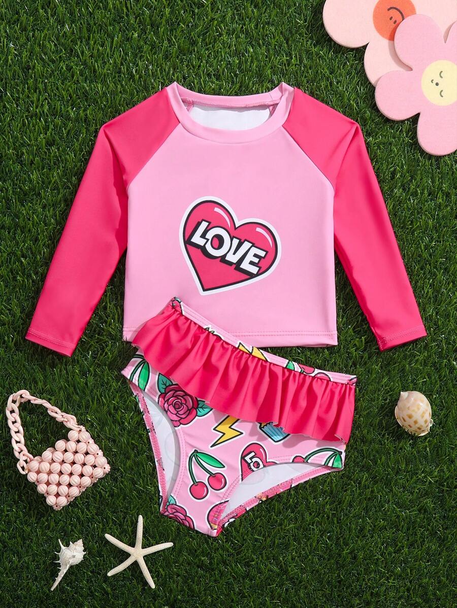 女嬰字母圖案高領荷葉邊沙灘泳裝 - 粉色 - 查看 1