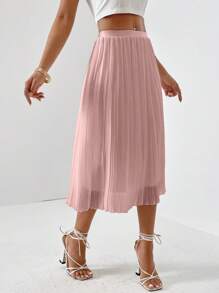 SHEIN Privé Solid Pleated Hem Skirt - Pink - View 4