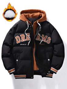 Men's Padded Coat, Thick Padded Coat, Hooded Padded Coat With Embroidered Letter, Warm Outerwear For Autumn/Winter - Black - View 1