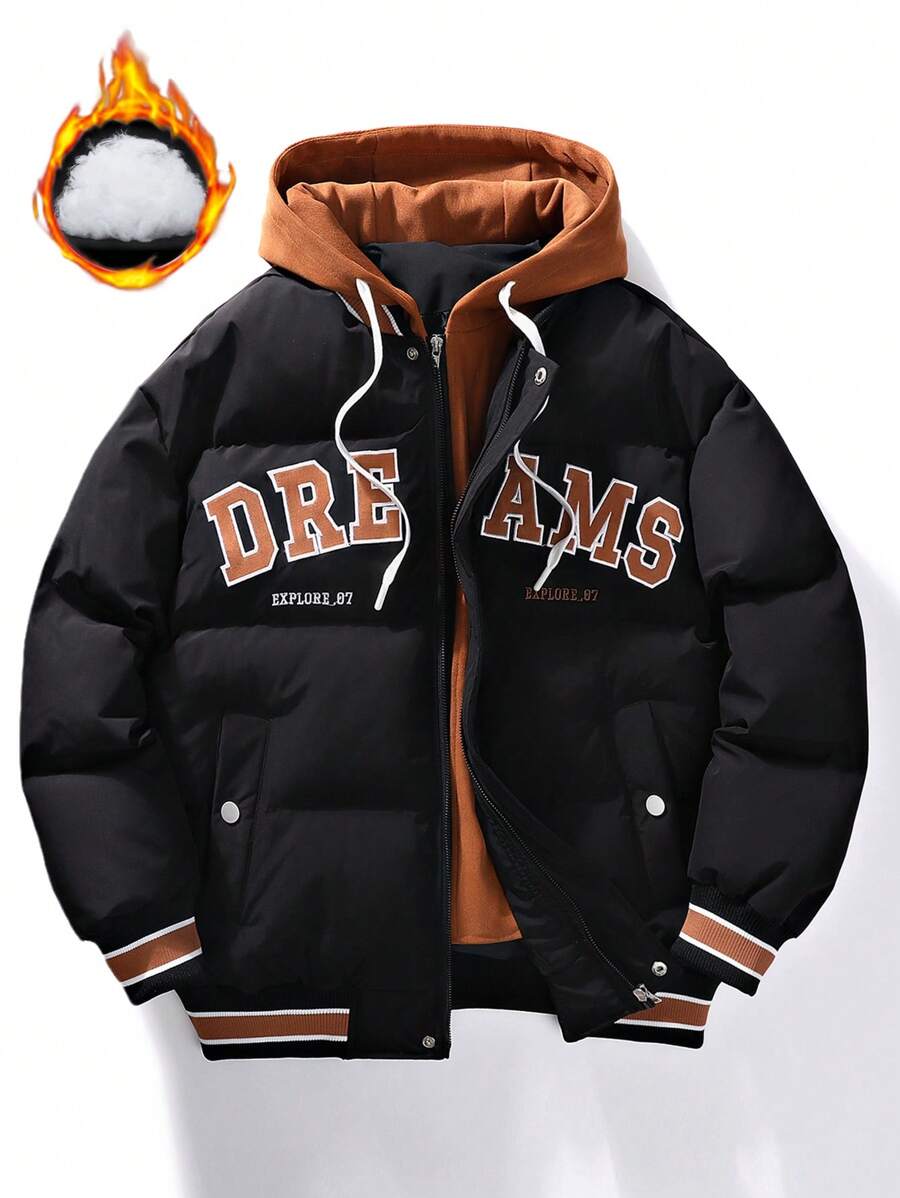 Men's Padded Coat, Thick Padded Coat, Hooded Padded Coat With Embroidered Letter, Warm Outerwear For Autumn/Winter - Black - View 1