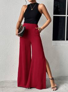 Firerie Split Thigh Wide Leg Pants - Burgundy - View 6
