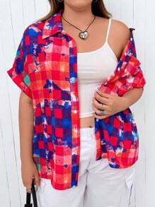 Flirla Plus Plaid Print Drop Shoulder Shirt