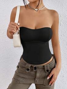 SHEIN EZwear Summer Black Solid Rib-Knit Tube Top - Black - View 3