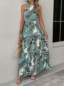 SHEIN LUNE Paisley Print Ruffle Hem Belted Halter Dress - Green - View 5