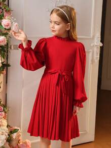 SHEIN Cô gái Tween Cổ diềm tay áo lá sen Viền xếp Váy có thắt lưng - Đỏ - Xem 6