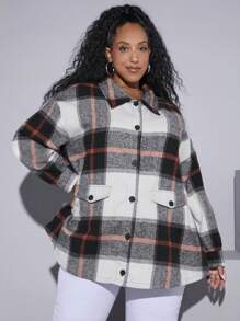 SHEIN CURVE+ Plus Plaid Print Drop Shoulder Overcoat - Multicolor - View 1