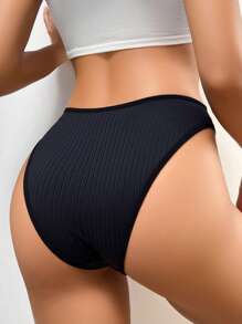 Women's Elegant Black Knitted Fabric Cut Out Briefs With Slight Stretch, Plain Design - Black - View 2