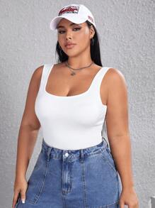 SHEIN EZwear Plus Solid Tank Bodysuit - White - View 6