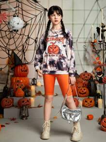青少年女孩1入組紮染萬聖印花落肩袖運動衫 - 彩色 - 查看 6