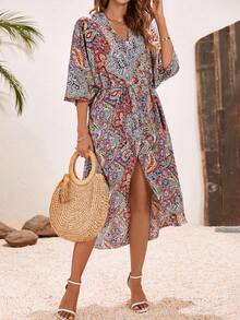 SHEIN LUNE Paisley Print Batwing Sleeve Kimono - Coffee Brown - View 4