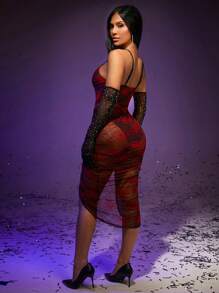 SHEIN SXY 萬聖節蜘蛛網印花抽繩高衩吊帶洋裝不帶袖子 - 彩色 - 查看 6