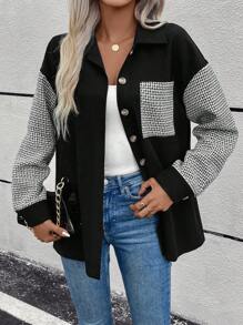 EMERY ROSE In Houndstooth Thả vai Vá Túi Nút phía trước áo - màu đen - Xem 4
