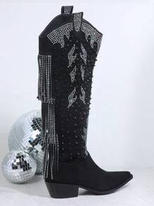 SHUZIA 仿麂皮流蘇細節及膝靴 - 黑色 - 查看 2