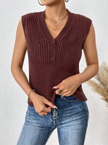 SHEIN Essnce Chất rắn Nút phía trước Áo len vest Không có áo lót - Cà phê nâu - Xem 5