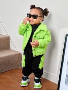SHEIN Baby Girl Flap Pocket Teddy Jacket & Pants - Lime Green - View 4