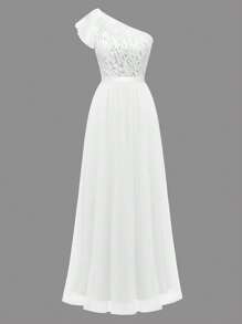 One Shoulder Contrast Sequin Ruffle Trim Chiffon Party Dress - White - View 1