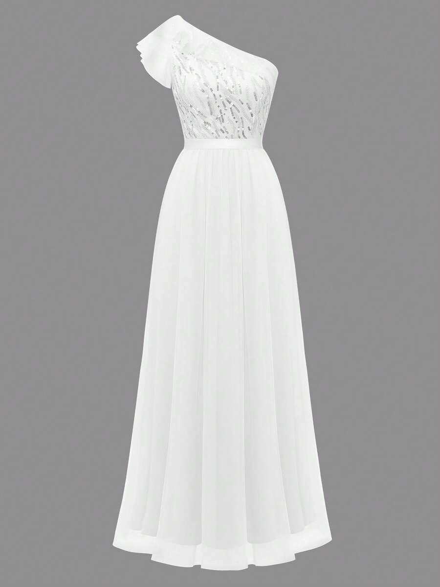 One Shoulder Contrast Sequin Ruffle Trim Chiffon Party Dress - White - View 1