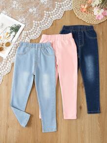 SHEIN Vintaside Kids Ensembles de 3 pièces de jeans boyfriend à taille élastique, poches plates, pour jeune fille, tenue de tous les jours idéale