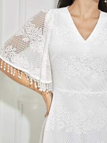 Modelyn Fringe Trim Butterfly Sleeve Lace Dress - White - View 3