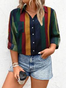 SHEIN LUNE Talla grande Camisa con estampado de rayas de manga enrollada con botón