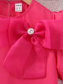 SHEIN Tween Girl Bow Front Puff Sleeve Pleated Hem Dress - Hot Pink - View 5