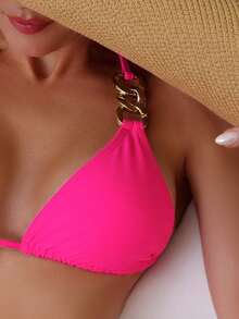 鏈接式連結頸綁三角泳裝套裝 - 玫紅色 - 查看 4
