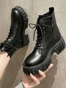 Women's Fashionable Motorcycle Boots, Moto Boots For Women, INS Tidal British Style Thick-Soled Versatile New Women's Shoes, Autumn And Winter Thermal Lined Student Short Boots - Black - View 1