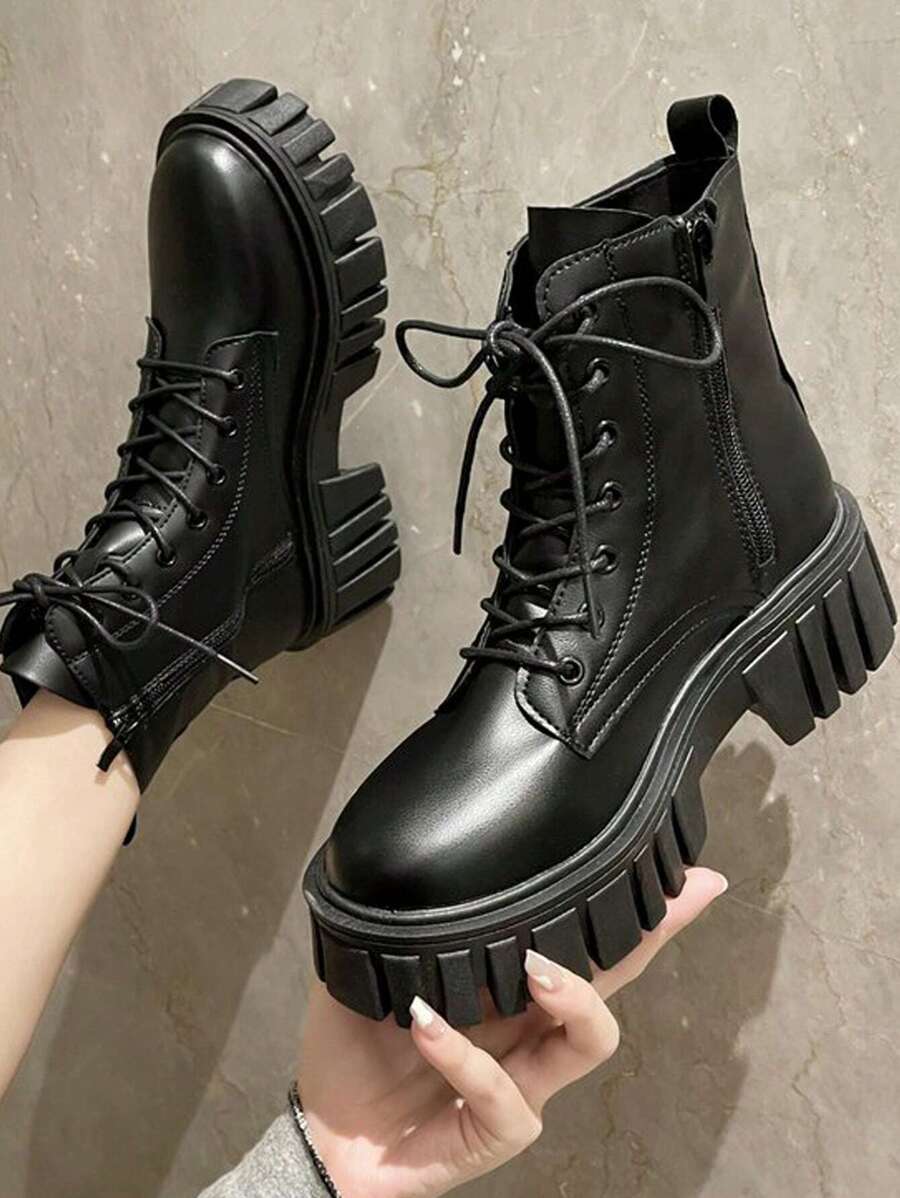 Women's Fashionable Motorcycle Boots, Moto Boots For Women, INS Tidal British Style Thick-Soled Versatile New Women's Shoes, Autumn And Winter Thermal Lined Student Short Boots - Black - View 1