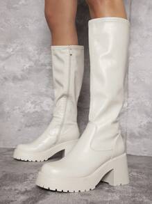 Faux Leather Lug Sole Block Heel Boots - Beige - View 5