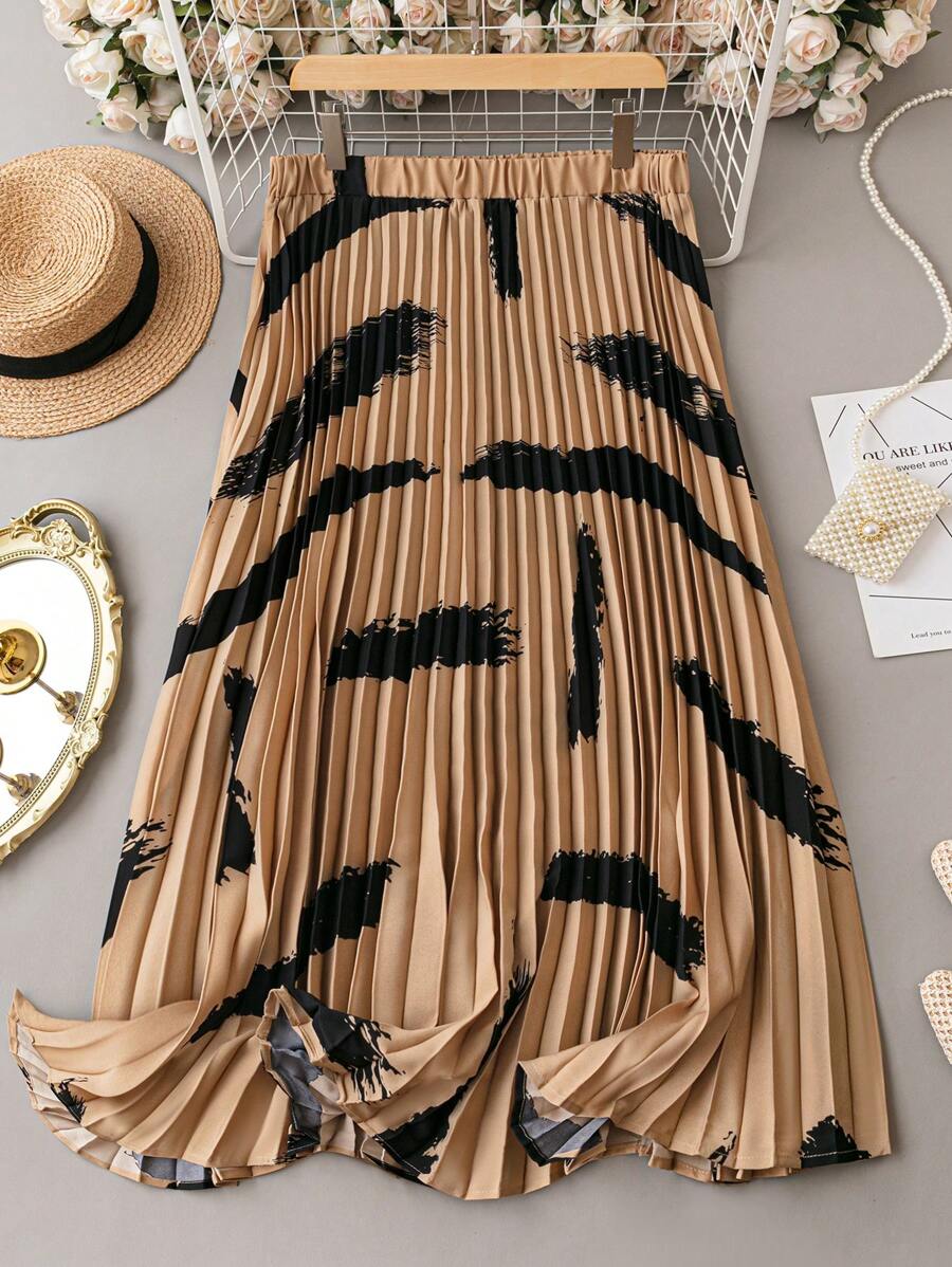 SHEIN Unity Plus Graphic Print Pleated Skirt - Khaki - View 1