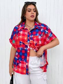 Flirla Plus Plaid Print Drop Shoulder Shirt