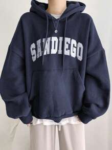 DAZY Sudadera con capucha de manga larga con bolsillo canguro, hombros caídos y cordón, con estampado de letras