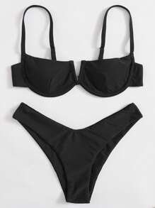 Plain Underwire Bikini Set - Black - View 4