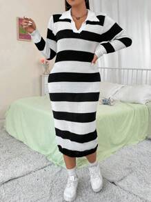 Flirla Plus Two Tone Polo Neck Sweater Dress - Black and White - View 4