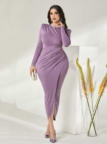 Modelyn Vestido bajo cruzado algodón unicolor fruncido - Lila Púrpura - Ver 5