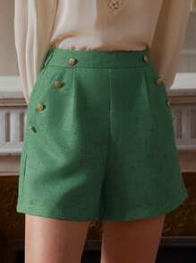 SHEIN Frenchy Shorts de pierna ancha con diseño de botón - Verde - Ver 3