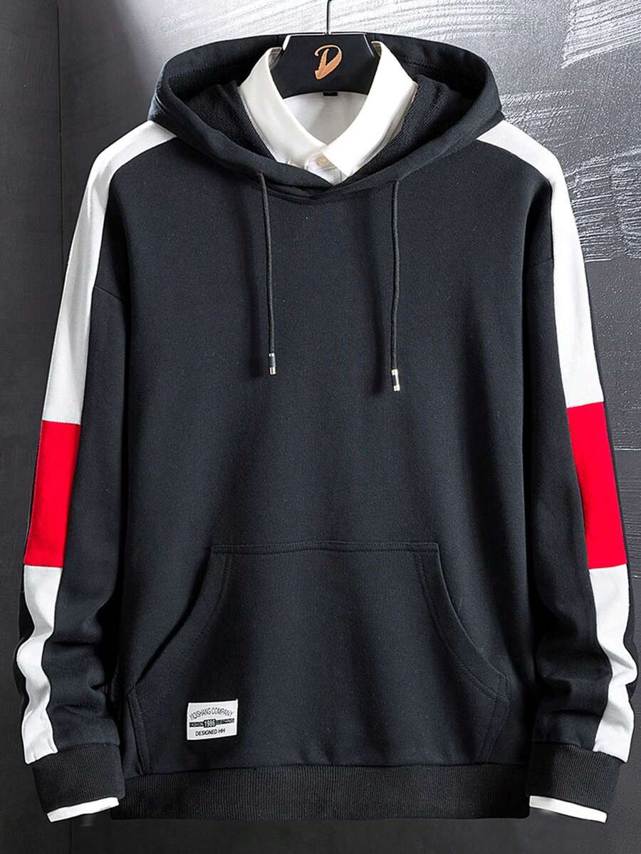 Men Contrast Side Seam Letter Patched Kangaroo Pocket Drawstring Hoodie Without Shirt - Black - View 1