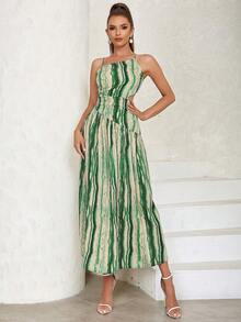 All-Over Print One-Shoulder Cutout Waistband Open-Back Strappy Dress - Dark Green - View 4