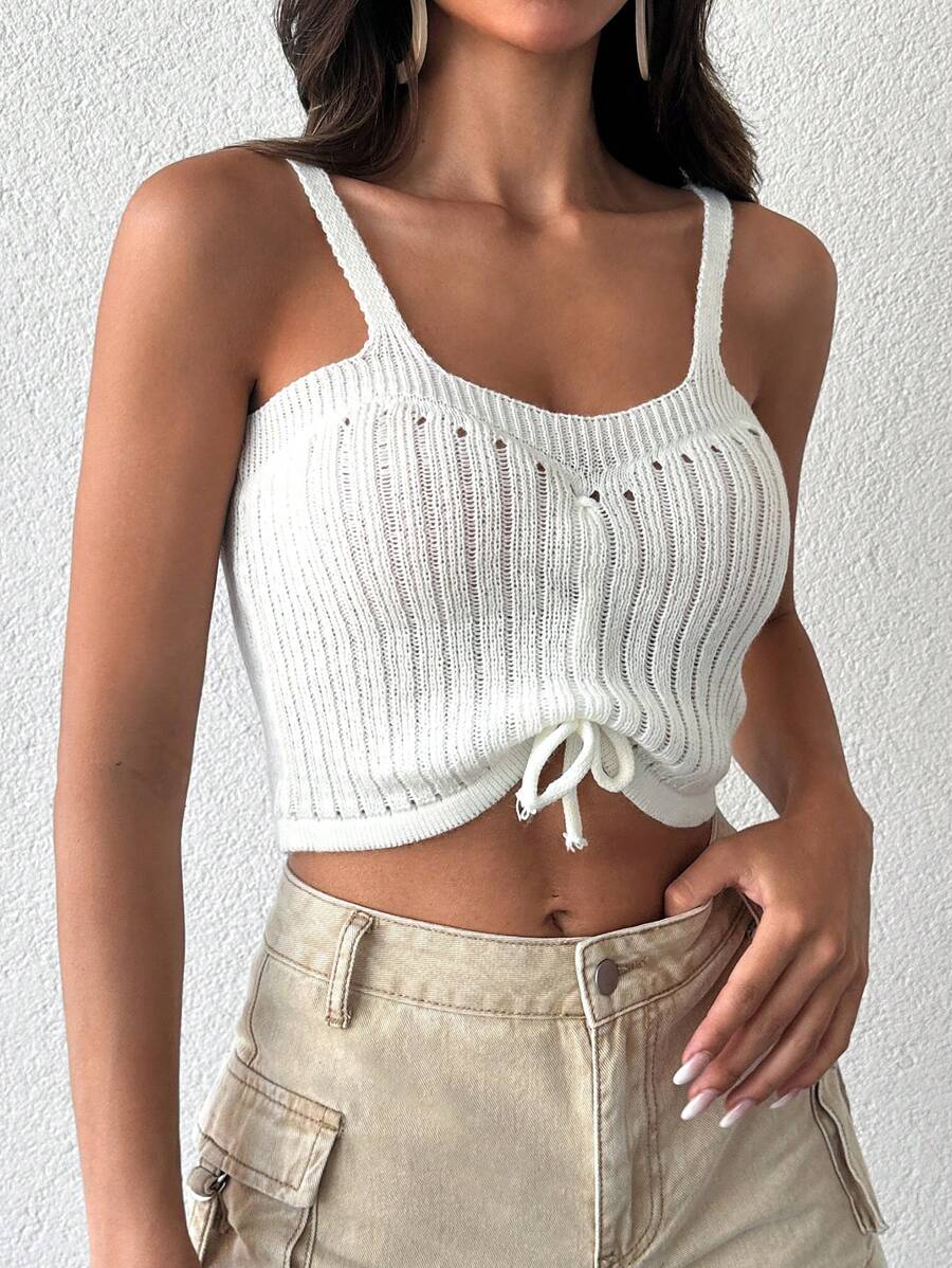 EURMUSE Women's Solid Color Drawstring Design Casual Camisole Knit Top - White - View 1