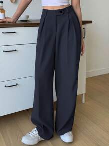 DAZY 1件纯色高腰直筒西装裤，女士秋冬商务正装裤 - 藏蓝色 - 查看 2