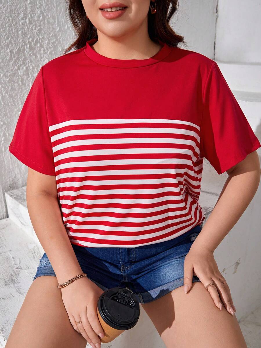 SHEIN LUNE 夏季加大条纹印花 T 恤 - 紅白色 - 查看 1