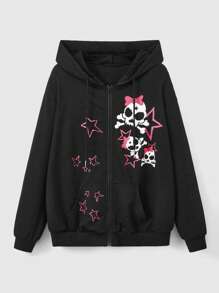 ROMWE Kawaii Áo hoodie có dây rút kéo khóa hình đầu lâu, trường học, áo dài tay - màu đen - Xem 1